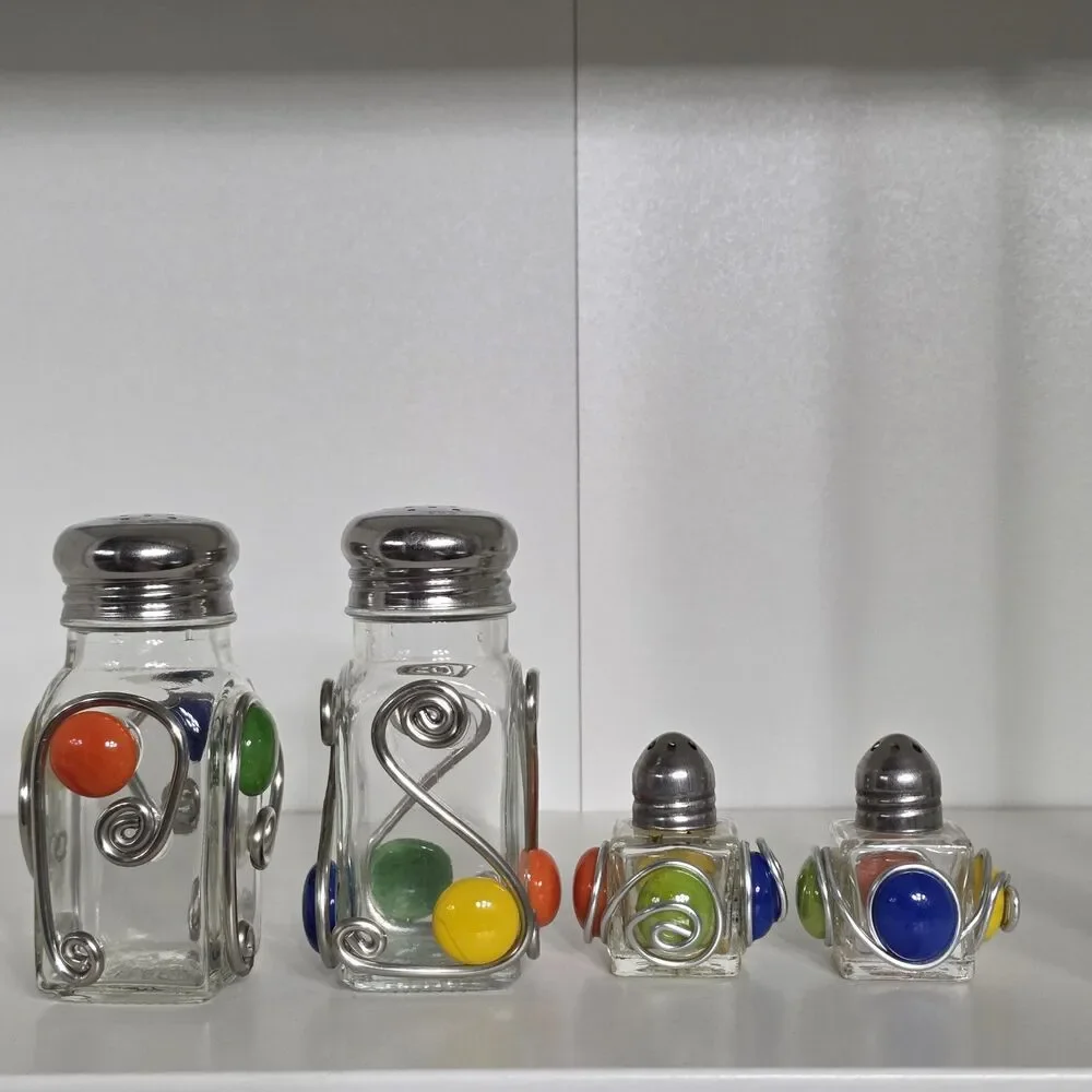Salt And Pepper Shakers Beaded Glass Blue & Green MCM Design Set Of 4 Art Deco